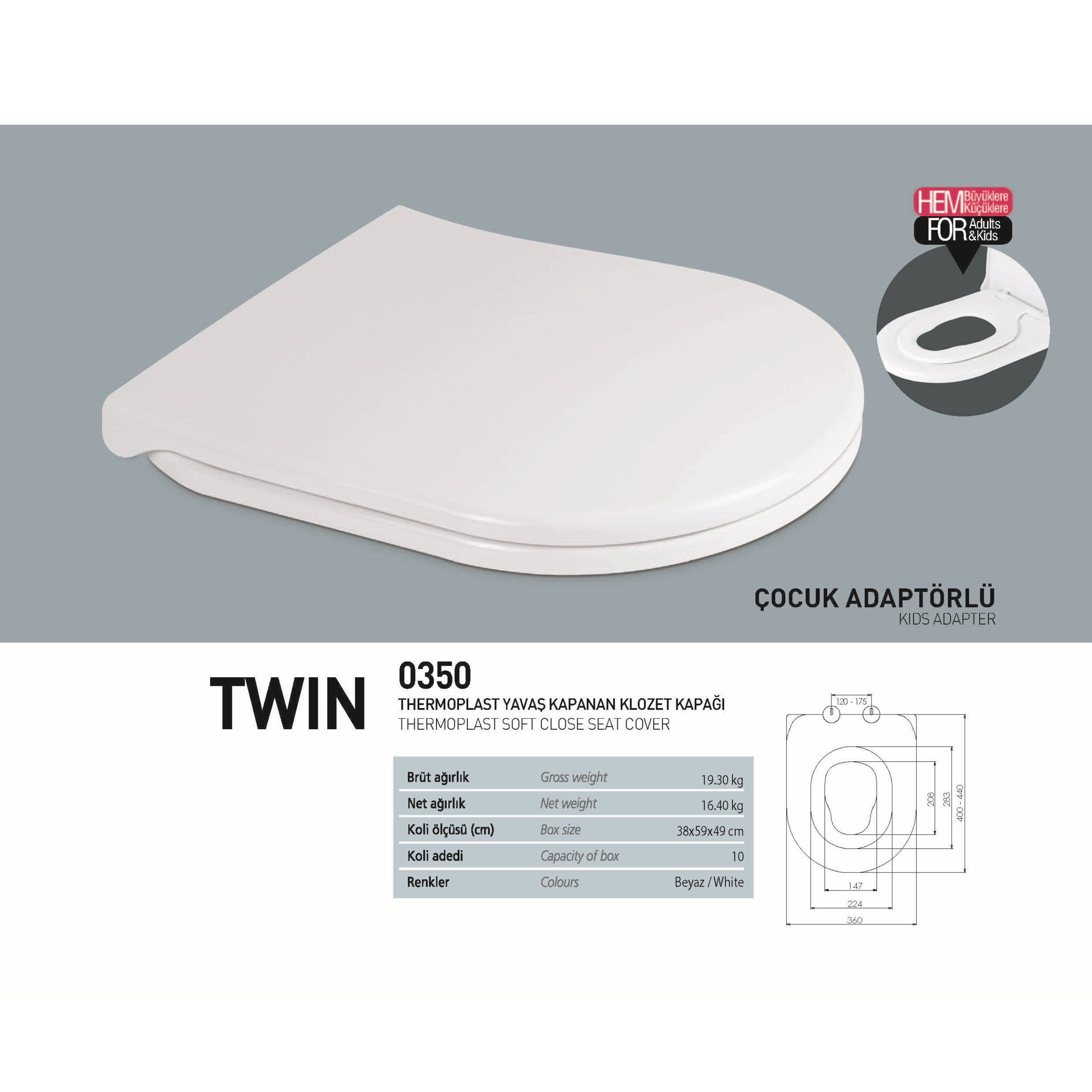 NKP TWIN TERMOSPLAST YAVAŞ KAPANAN KLOZET KAPAĞI-ÇOCUK ADAPTÖRLÜ